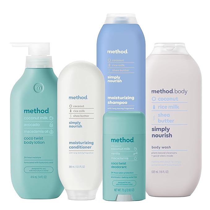 Bundle of Method Simply Nourish Body Wash 18 oz + Coco Twist Body Lotion 14 oz + Simply Nourish Shampoo 14 oz + Simply Nourish Conditioner 13.5 oz + Coco Twist Deodorant 2.65 oz