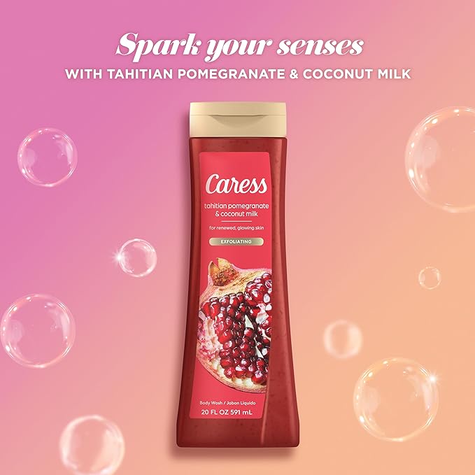 Caress Body Wash Tahitian Pomegranate &amp Coconut Milk Moisturizing Body Wash for Renewed Glowing Skin Exfoliating Body Soap Liquid 20 Fl Oz (Pack of 2)