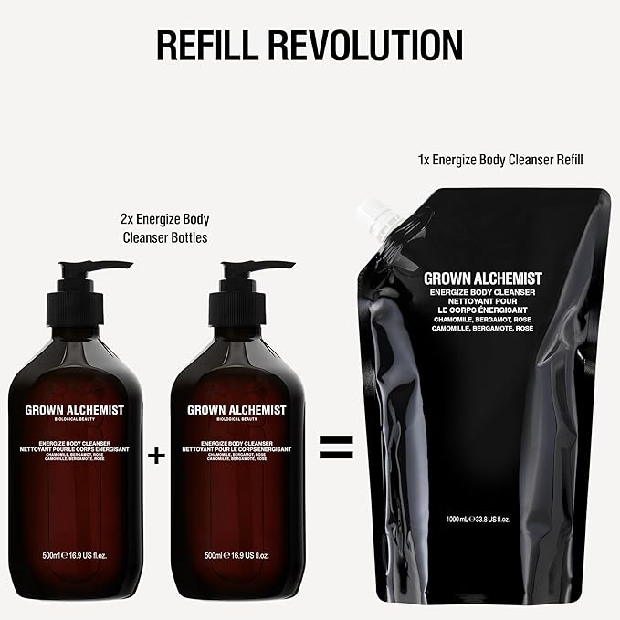 Grown Alchemist Energize Body Cleanser Refill Pouch. Chamomile Bergamot &amp Rose Body Cleanser. Gentle Body Wash. Hydrates &amp Cleanses Skin (1L).
