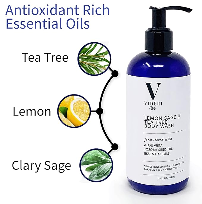 Sulfate Free Body Wash for Sensitive Skin Lemon Sage &amp Tea Tree Body Wash - Essential Oils Aloe Vera &amp Jojoba - Antioxidant Rich Gentle on Skin &amp Fresh Citrus Scent - Large 12 fl oz