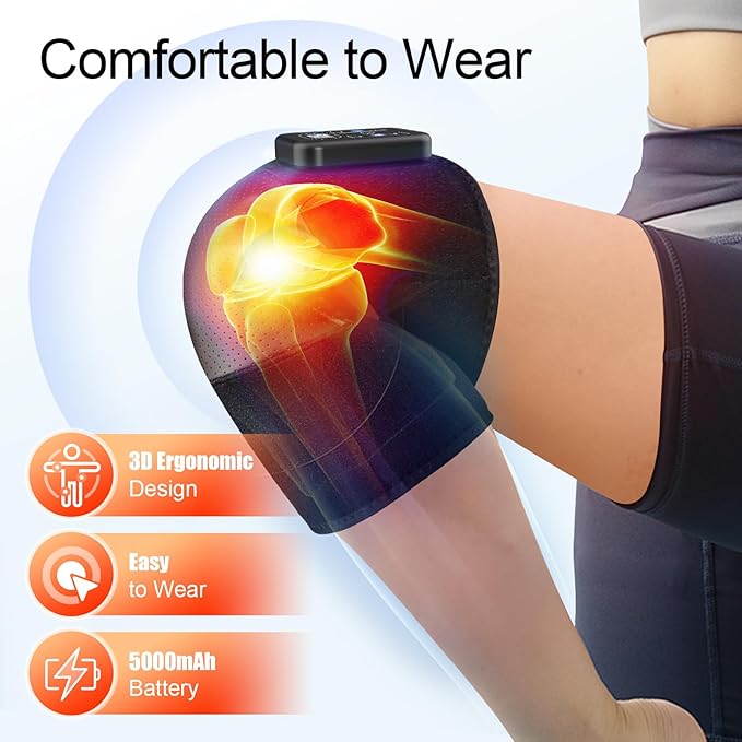 Cordless Knee Massager with Heat Vibration Heating Pad for Pain Relief 3 Vibrations &amp 5 Heating Levels Shoulder Brace Knee Brace Wrap Gifts for Dad Mom Men Women Seniors (Black Single)