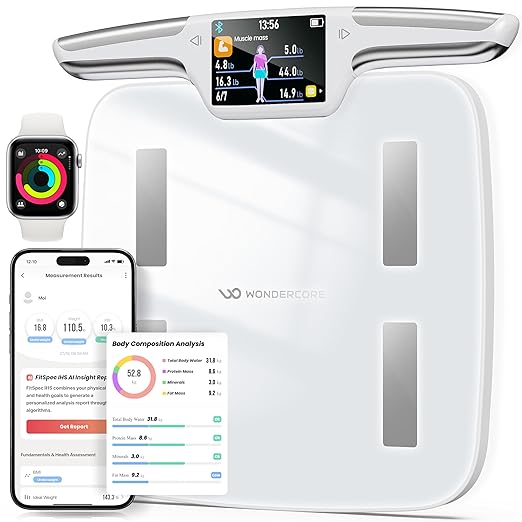 Wonder Core FitSpec - Smart Scale with AI Analysis 55 Metrics Body Composition for Body Fat BMI Muscle Mass 8 Electrodes Digital Bathroom Scale for Body Weight Color TFT LCD