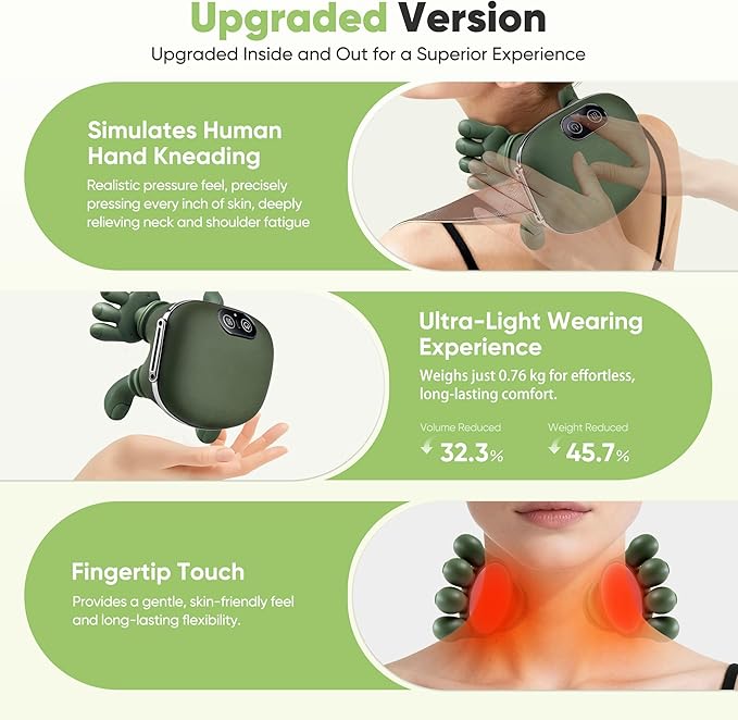 Neck Massager with Heat - Neck and Back Shiatsu Massager for Relieve Fatigue Deep Tissue Portable Neck and Shoulder Massager for Home and Travel Green