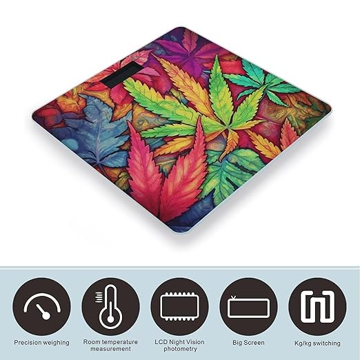 Multicolor Leaf Weed Art Weight Scale Large Bathroom Scales Digital Weight with Bright LED Display Non Slip Automatic Weighing Scale Fashion Weighing Machine for Body