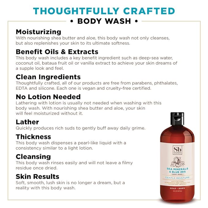 Soapbox Body Wash Sea Minerals &amp Blue Iris Moisturizing Body Wash Cleanser Aloe Vera &amp Shea Butter Silicone &amp Cruelty Free &amp Vegan 16oz Bottles (Pack of 3)