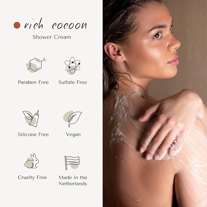 Rich Cocoon Shower Cream | Dutch Made Formulated | Natural Vegan &amp Cruelty Free | Paraben Sulfate &amp Silicone Free | Moisturizing Body Wash for All Skin Types | 200 ml