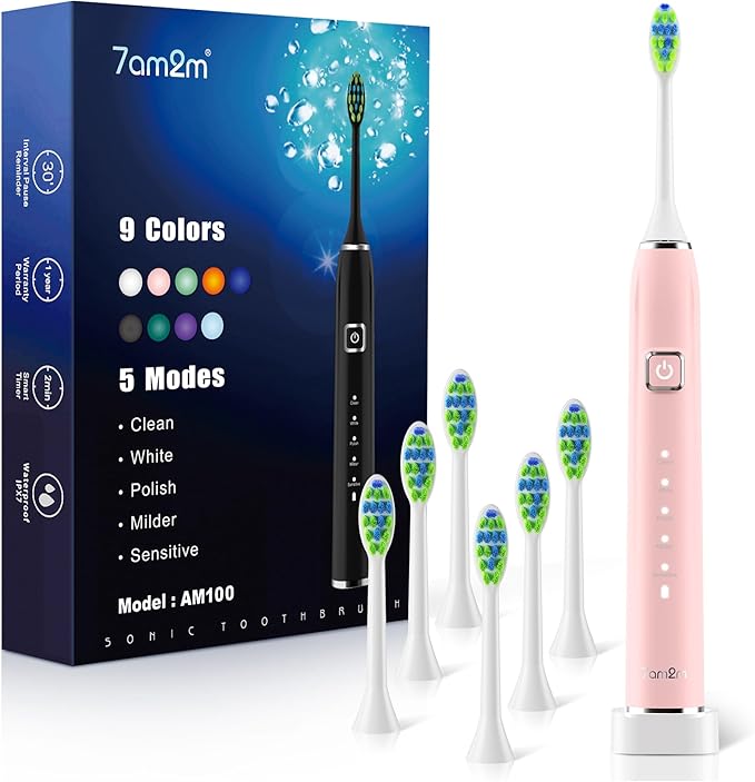 7AM2M Sonic Electric Toothbrush with 6 Brush Heads for Adults&ampKids One Charge for 120 Days Wireless Fast Charge 5 Modes 40000VPM Powered Toothbrush 2 Minutes Built in Smart Timer -Pink