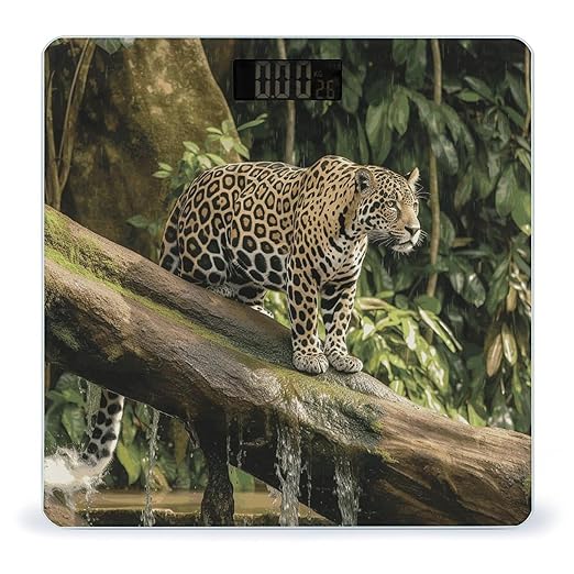 Jaguar Cat on Tree Trunk Waterfall Scale for Body Weight Anti-Slip Tempered Glass Digital Bathroom Scales Clear LCD Display Weighing Scale Safe Rounded Corners Smart Scales