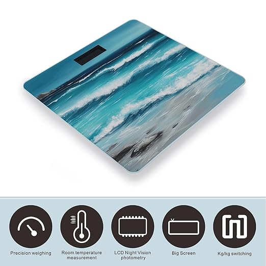 Turquoise Beach Original Seascape Digital Bathroom Scale for Body Weight Weighing Scale with Backlit LCD Display High Precision Measurements &amp Measures Weight Up to 180kg