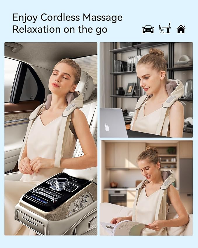 Neck and Shoulder Massager for Pain Relief Deep Tissue-Shiatsu Deep Kneading Massager with Heat to Relieve Neck Shoulder Back Waist Leg Muscle Soreness Fatigue (Beige)