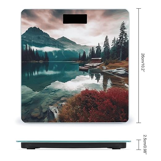 Scenic Lake Scale for Body Weight Anti-Slip Tempered Glass Digital Bathroom Scales Clear LCD Display Weighing Scale Safe Rounded Corners Smart Scales