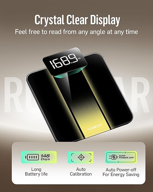 RunStar Digital Bathroom Scale for Body Weight with High Precision Clear LED Backlight Display Accurate Scale with 6mm Tempered Glass 400lb