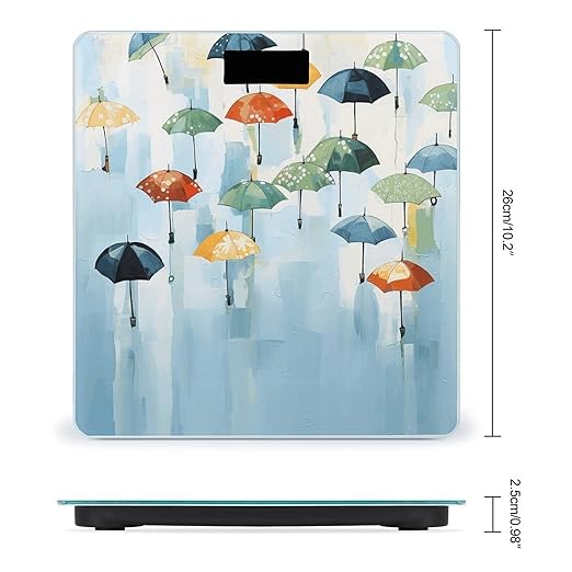 Oil Painting of Umbrellas on Light Blue Scale for Body Weight Precision Bathroom Weighing Scales with Back Lit LCD Display Sturdy Tempered Glass Body Weight Scales Digital Bathroom Scale 400lb