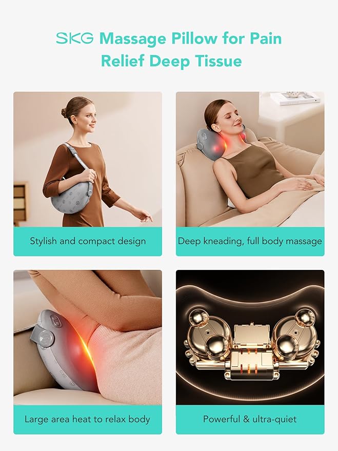 SKG Shiatsu Back Massager for Pain Relief Deep Tissue with Heat 4D Kneading Cordless Electric Massage Pillow Valentine Gifts for Men Women Dad Mom Grandpa