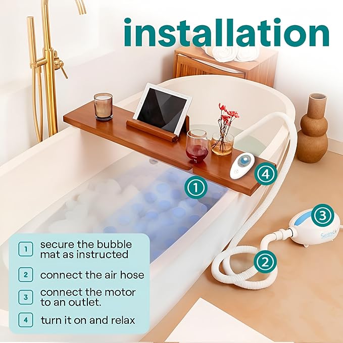 SereneLife Portable Spa Bubble Bath Massager - Waterproof Non-Slip Mat with Suction Cup Bottom Motorized Air Pump and Adjustable Bubble Settings Remote Control Included 47 x 14