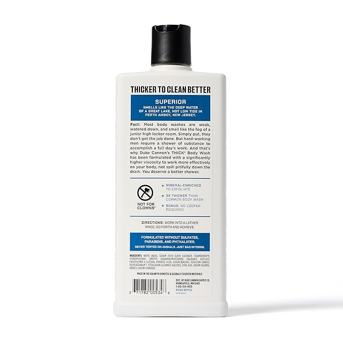 Duke Cannon Supply Co. Thick High Viscosity Body Wash - 3X Thicker Plant-Based Mineral-Enriched Body Wash for Men - Mens Body Scrub - Sawtooth Bourbon Midnight Swim &amp Superior