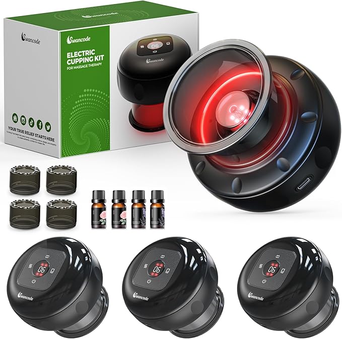 [4 Pack] 5-in-1 Smart Dynamic Cupping Set Electric Cupping Device with Red Light Heated Cupping Massager with 12-Level Suction &amp Heat Cupping Machine for Pain Relief Muscle Soreness Knots Ac