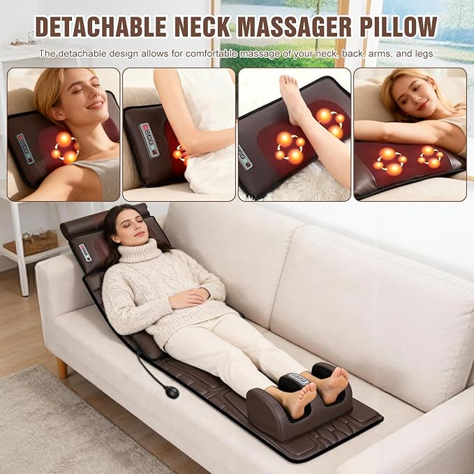 Full Body Massage Mat with Heat Detachable Shiatsu Neck and Foot Massager Vibration Massage Mat for Back Pain Relief 9 Modes 3 Timers Inflatable Lumbar Pillow Home Office Gift for Men Women