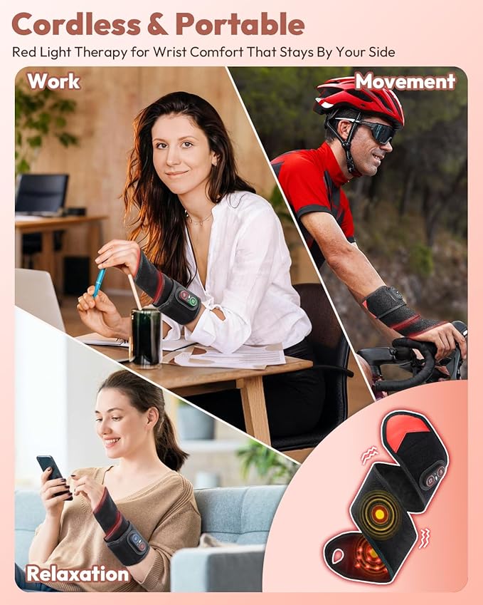 Red Light Therapy for Wrist Hands Wrap Cordless Infrared Heating Pad with Vibration for Body Arm Knee Foot Wearable Heated Wrist Massager Brace 660nm/850nm (Black)
