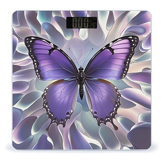 Beautiful Purple Butterfly Art Bathroom Scale for Body Weight with High Precision Large LCD Backlight Display Digital Weighing Scale with BMI Capacity Up to 180kg
