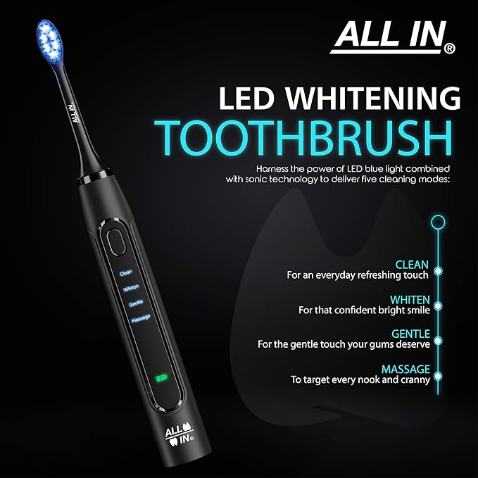 ALL IN Sonic Electric Toothbrush for Adults and Replacement Heads - Complete Toothbrush Kit - Blue + Red LED Light 4 Modes Soft Bristles 2-Minute Timer Rechargeable Waterproof BPA Free