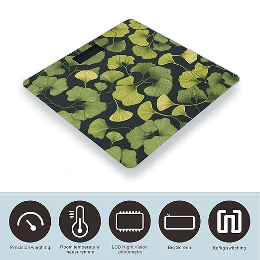 Ginkgo Biloba Scale for Body Weight Anti-Slip Tempered Glass Digital Bathroom Scales Clear LCD Display Weighing Scale Safe Rounded Corners Smart Scales