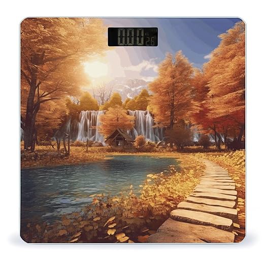 Autumn Scene Pattern Scale for Body Weight Anti-Slip Tempered Glass Digital Bathroom Scales Clear LCD Display Weighing Scale Safe Rounded Corners Smart Scales