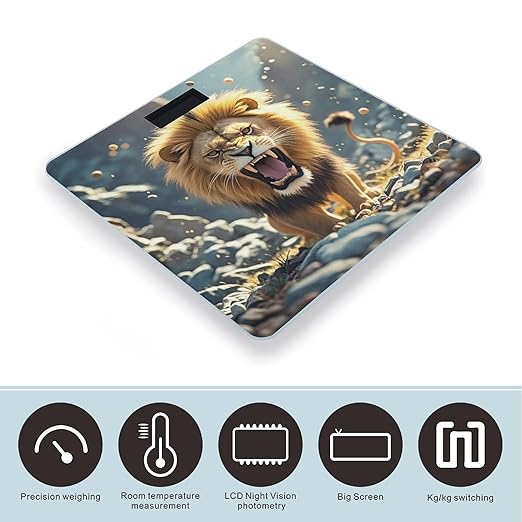 Angry Roaring Lion Bathroom Scale for Body Weight Bathroom Weighing Scales with Back Lit LED Display Sturdy Tempered Glass Body Weight Bathroom Scale 400lb Weighing
