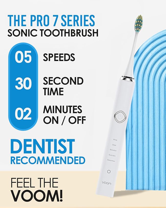 Voom Sonic Pro 7 Electric Toothbrush for Adults Sonicare Electric Toothbrush with 40000 VPM w/ 5 Deep Clean Modes Rechargeable Toothbrushes Fast Charge 4 Hours Last 8-Weeks