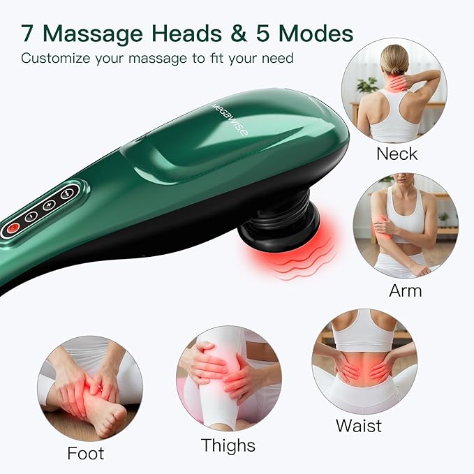 MEGAWISE Handheld Deep Tissue Neck Back Electric Massager for Shoulder Waist Leg 3700 RPM Powerful Motor (Green)