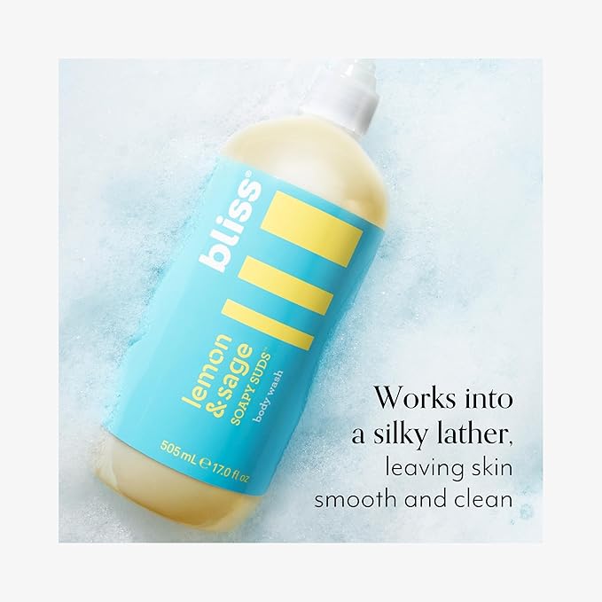 Bliss Soapy Suds Body Wash - Lemon and Sage - 17 Fl Oz - Gentle and Hydrating for Supremely Soft Skin - Paraben Free - Vegan &amp Cruelty Free (Pack of 2)