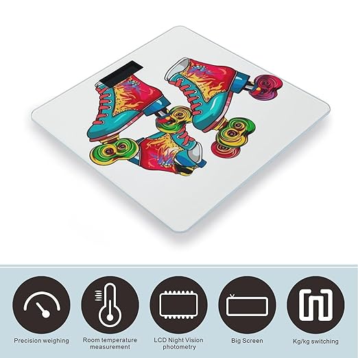 Colorful Roller Skates Scale for Body Weight Safe Rounded Corners Tempered Glass Digital Bathroom Scale LED Display 400lb Capacity Weight Scales with High Precision Sensors