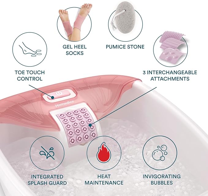 Homedics Bubble Bliss® Deluxe Footbath Gift Set – Heated Foot Spa with Invigorating Bubbles 3 Massage Attachments Pumice Stone Moisturizing Heel Socks &amp Splash Guard for Ultimate Relaxation