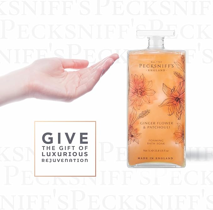 Pecksniff’s GingerFlower &amp Patchouli Foaming Bath Soak – Luxury Bubble Bath 1L / 33.8 fl oz Made in England