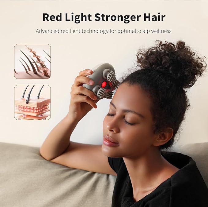 Breo Portable Mini Scalp Massager – IPX7 Waterproof Rechargeable Head Massager for Scalp Relax Stress Relief Tool with Bamboo Wood Charging Base Removable Massage Nodes (Silver with Base)