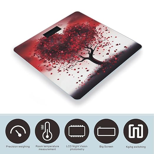 Red Love Heart Tree Scale for Body Weight Anti-Slip Tempered Glass Digital Bathroom Scales Clear LCD Display Weighing Scale Safe Rounded Corners Smart Scales