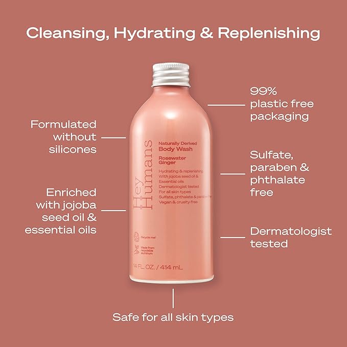 Hey Humans Rosewater Ginger Moisturizing Body Wash with Natural Ingredients &amp Jojoba Oil | Clean Vegan Sulfate Free Bath &amp Body Wash for Women | Recyclable Bottle 14 fl. oz. - Pack of 3