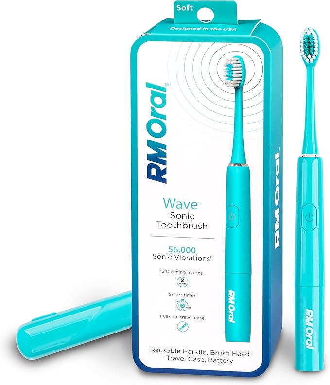 RM Oral Wave Sonic Battery-Operated Toothbrush with Soft Bristles &amp Travel Case 56000 Sonic Vibrations for Clean &amp Sensitive Whitening &amp Plaque Removal 2-Minute Timer Aquamarine