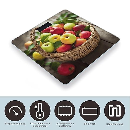 Yellow Green Red Fruits in A Basket Scale for Body Weight Sturdy Tempered Glass Weighing Scales with LCD Display Accurate Digital Bathroom Scale Convenient Body Fat Smart Scales 400lb