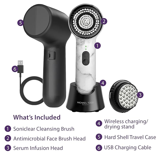 Michael Todd Beauty Soniclear Allure 2024 Best of Beauty Winner Facial Cleansing + Exfoliation Brush System with Antimicrobial Protected Bristles 4 speeds Serum Infusion Head + Travel Case
