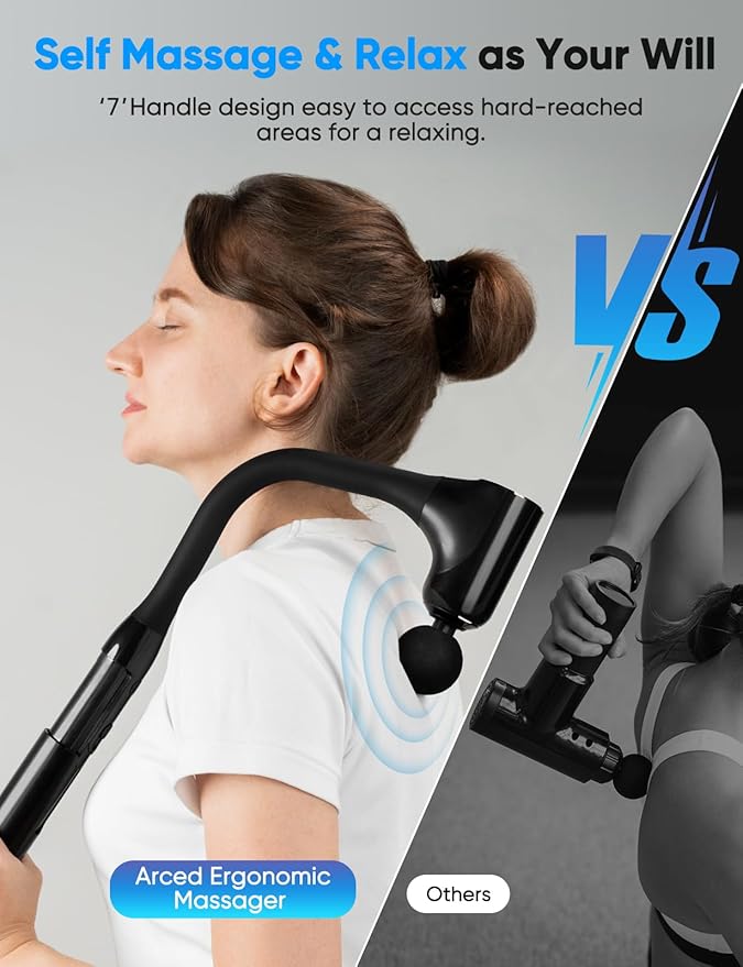 Massage Gun Deep Tissue - Back Massager for Pain Relief Deep Tissue with Extended Handle 12MM Percussion Less-Shock Neck/Foot/Leg/Shoulder Massager Infinitely Adjustable Speed &amp 4 Replaceable He