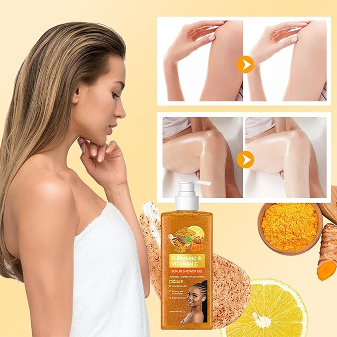 Turmeric Vitamin C Scrub Body Wash - Moisturizing Hydrating Exfoliating Body Wash Deep Cleansing Evens Skin Tone Improves Texture Gentle Exfoliating Shower Gel for All Skin Types 17.58 oz