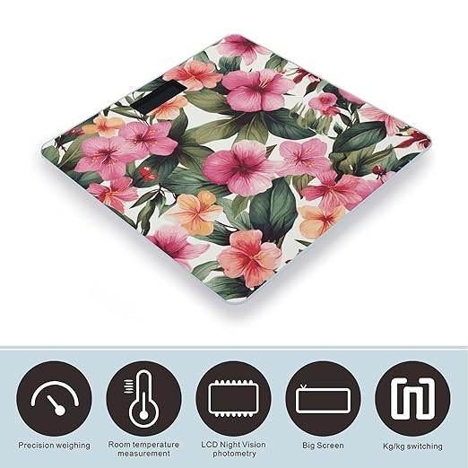 Hawaiian Flower Print Smart Scale for Body Weight Accurate Bathroom Scale with LED Display Digital Weight Scales Weighing Machine High Precision Scales for Bath Home