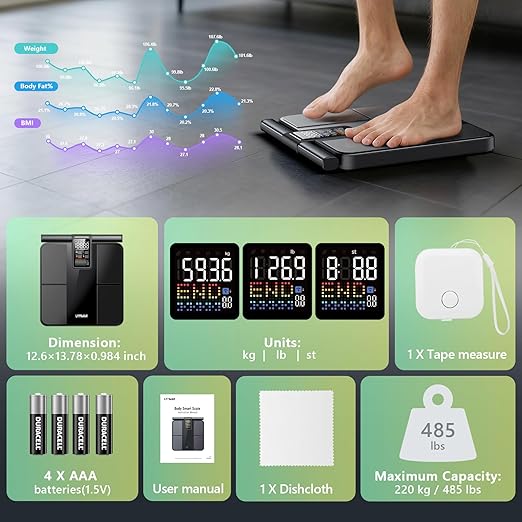 Smart Scale for Body Weight and FatBMIMuscle Mass 57 Body Composition Measurement8 Electrodes Digital Bathroom Scalewith 5.25-inch VA Color Screen on Retractable Handle485lbs