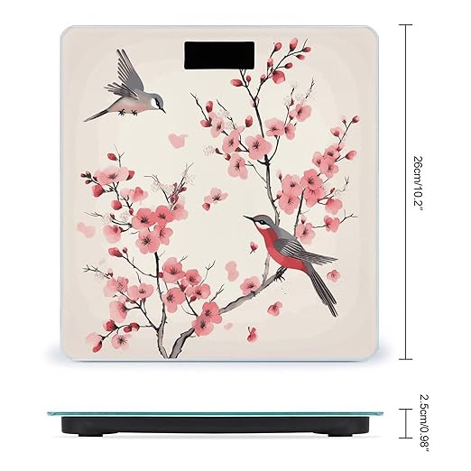 Cherry Branches Flowers Birds Scale for Body Weight Sturdy Tempered Glass Weighing Scales with LCD Display Accurate Digital Bathroom Scale Convenient Body Fat Smart Scales 400lb