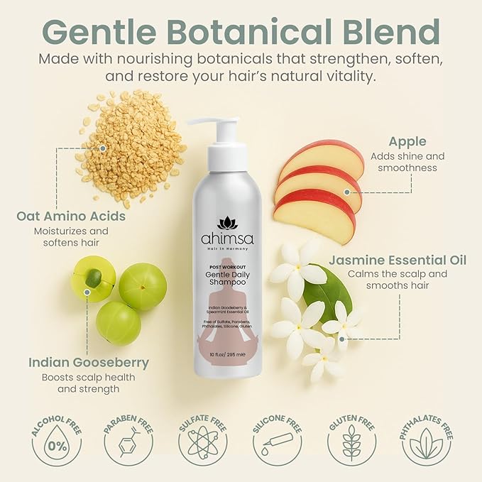 Ahimsa Natural Body Wash for Women 10oz + Gentle Purifying Shampoo Hydrating Plant-Based Body Wash with Ginger &amp Spearmint for Sensitive Skin and Daily Clarifying Shampoo with Indian Gooseberry &