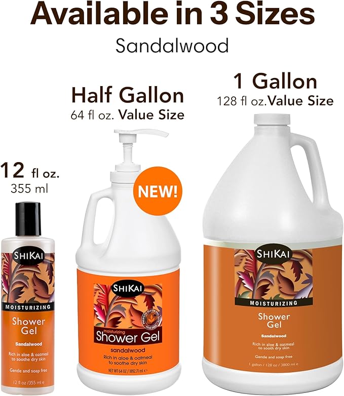 ShiKai Daily Moisturizing Shower Gel (Sandalwood 1 Gallon) | with Hydrating Aloe Vera &amp Oatmeal | Scented Body Wash for Dry Skin Relief