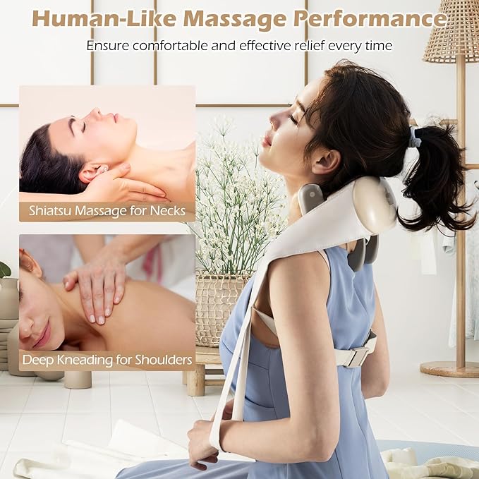 COSTWAY Neck Shoulder Massager 4D Deep Tissue Kneading Shiatsu Machine with 2 Heat Levels for Pain Relief Portable Cordless Neck Back Leg Massage Pillow Gift for Family Women Men Beige