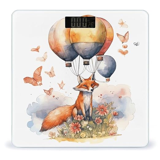 Fox and Hot Air Balloon Digital Bathroom Scale for Body Weight with High Precision Digital Weighing Scale with BMI Clear LCD Display and Step-On Measures Weight Up to 180kg