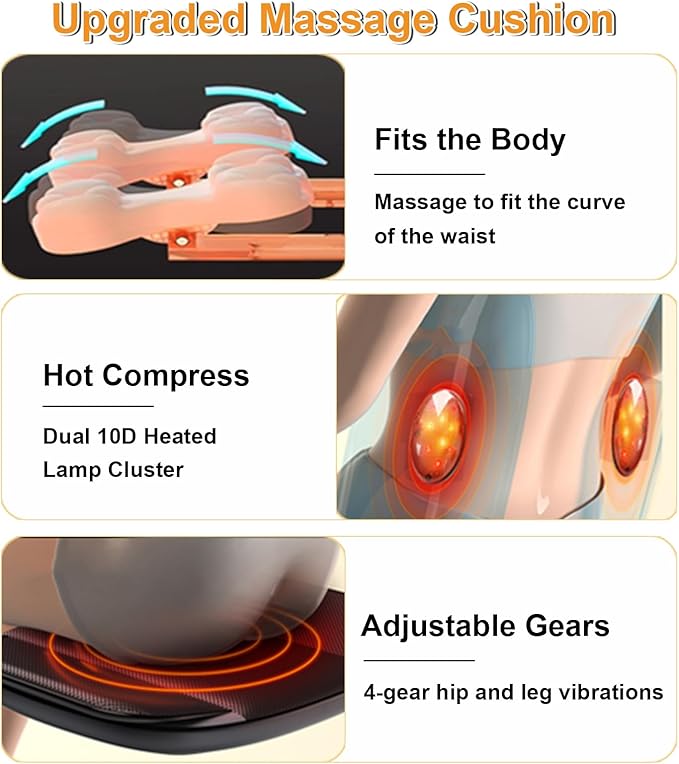 Lvrunben Shiatsu Back Massager with Heat 3D Kneading Massage Chair Pad Electric Massage Seat Cushion for Body NeckShoulder with Movable Multi-Function Leg and Foot Massager for 62-69 inches